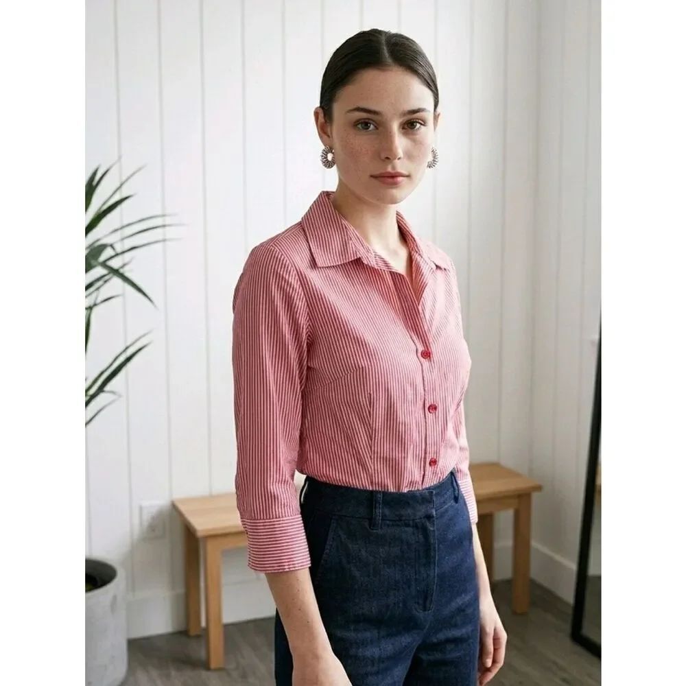 Kim Rogers Pink White Stripe Button Down Shirt Princess Seam Stretch Blouse L